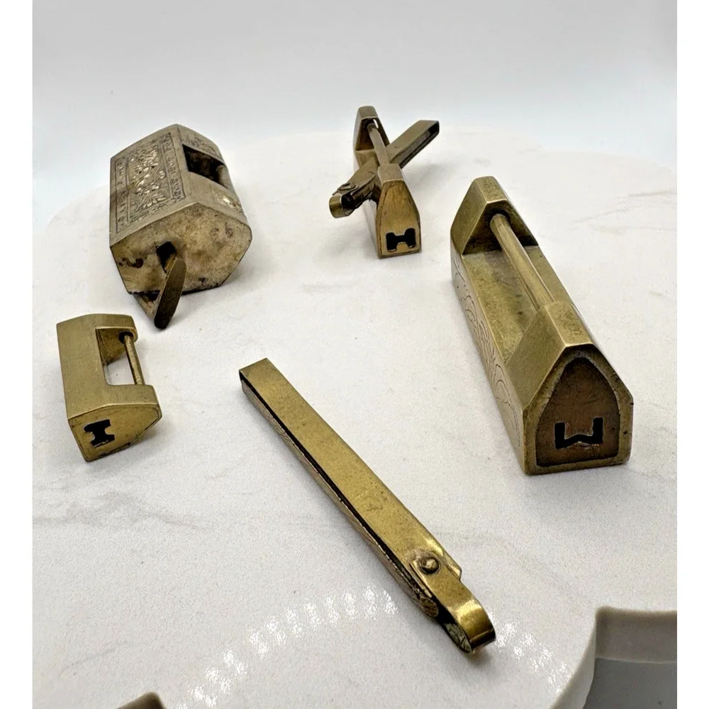 4 Antique Chinese Brass Padlocks 1 Lock w Key Extra Key 3 locks no keys Engraved